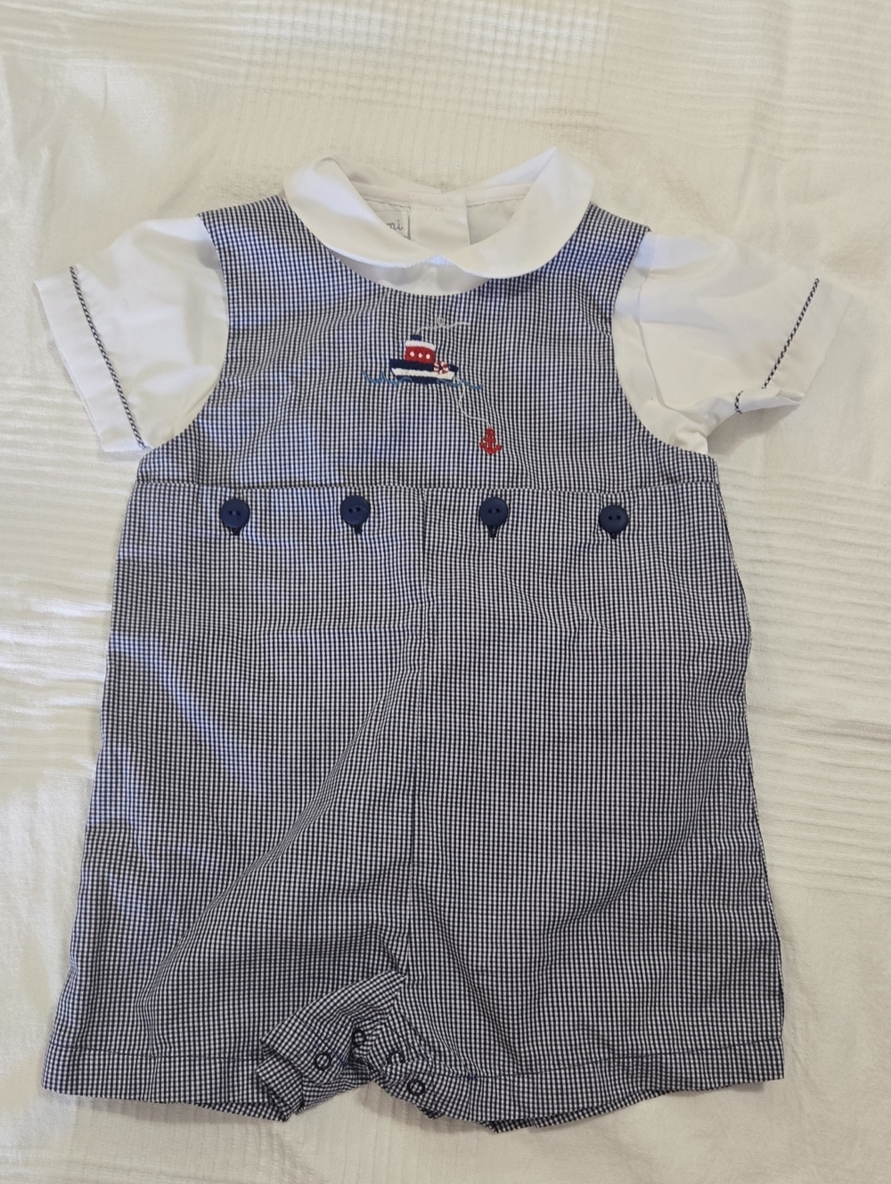Petit Ami Blue Gingham Baby Boys' Jon Jon Set with Boat Embroidery 9m